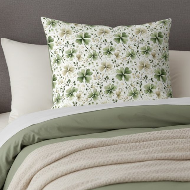 Creamy Beige Green Watercolor Shamrocks Pattern Pillowcase (Creator Uploaded)