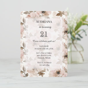 Creamy Brown Blush Pink Floral Birthday Invitation