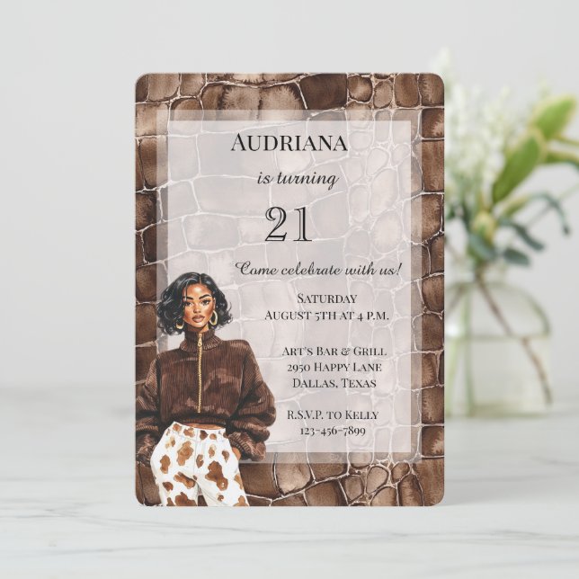 Creamy Brown Chocolate Brown Black Woman Birthday Invitation (Standing Front)