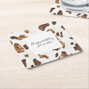 Creamy Brown Chocolate Cow Print Animal Birthday Square Paper Coaster