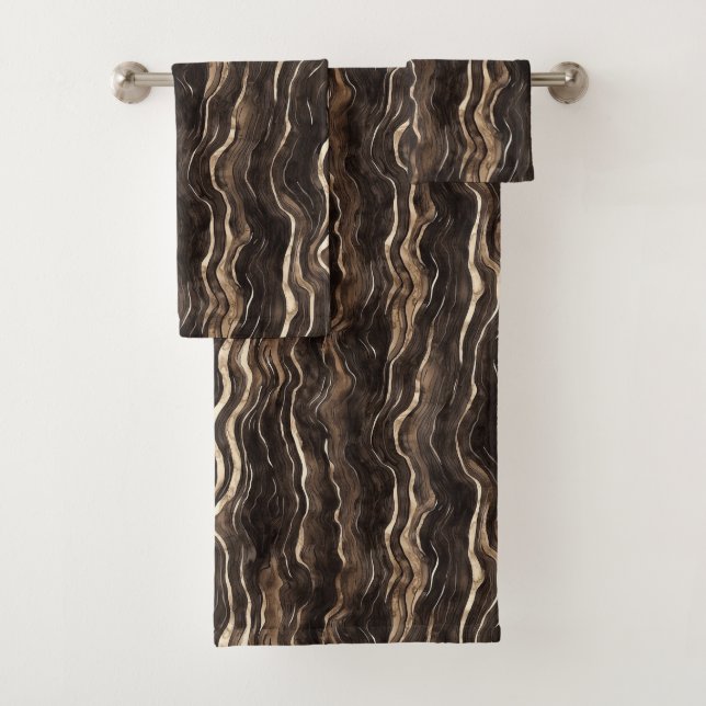 Creamy Brown Chocolate Gold Wavy Stripes  Bath Towel Set (Insitu)