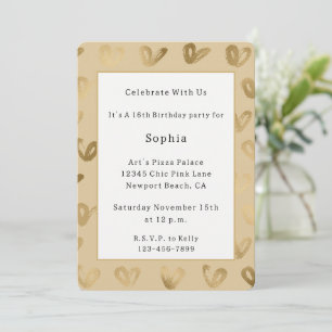 Creamy Gold White Hearts Birthday  Invitation