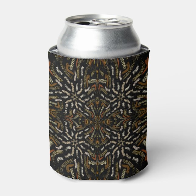 Creamy Golden Yellows Raked Pattern On Black Can Cooler (Can Front)