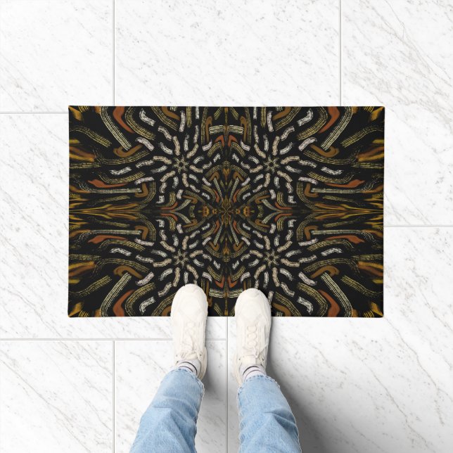 Creamy Golden Yellows Raked Pattern On Black Doormat (Indoor)