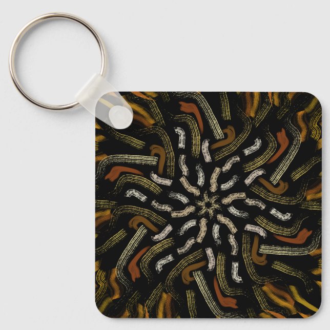 Creamy Golden Yellows Raked Pattern On Black Keychain (Front)