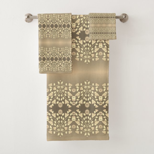 Creamy Grey Brown Patterned Bath Towel Set (Insitu)