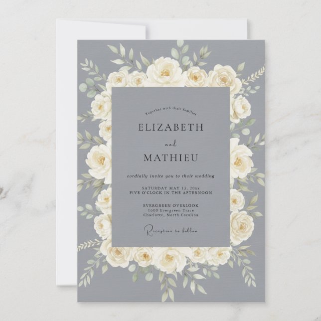 Creamy Grey Rose Wedding Invitation (Front)