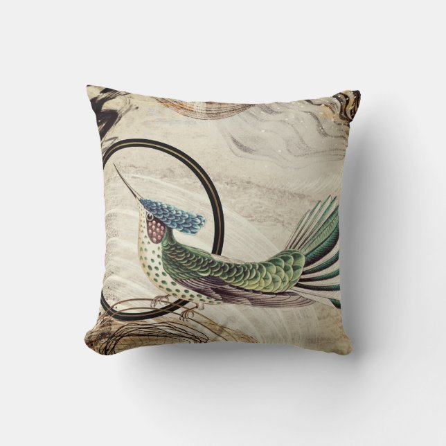 Creamy Ivory Artistic Abstract Hummingbird Design Throw Pillow (Front)