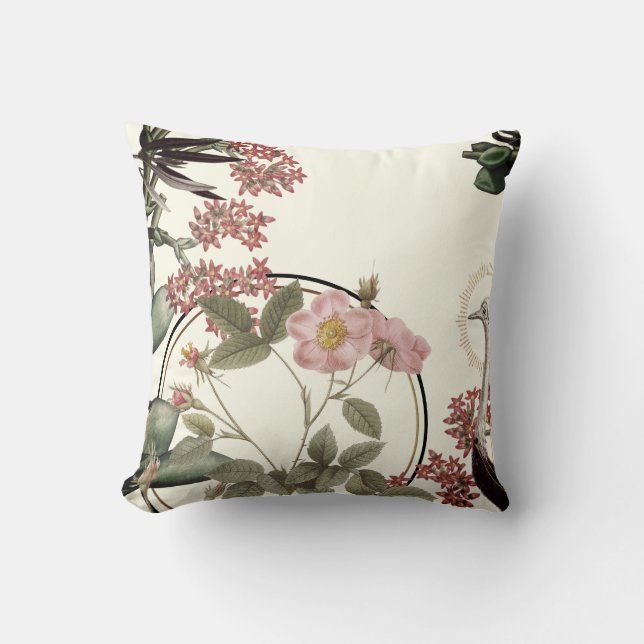 Creamy Ivory Artistic Botanical Floral Print Throw Pillow (Front)