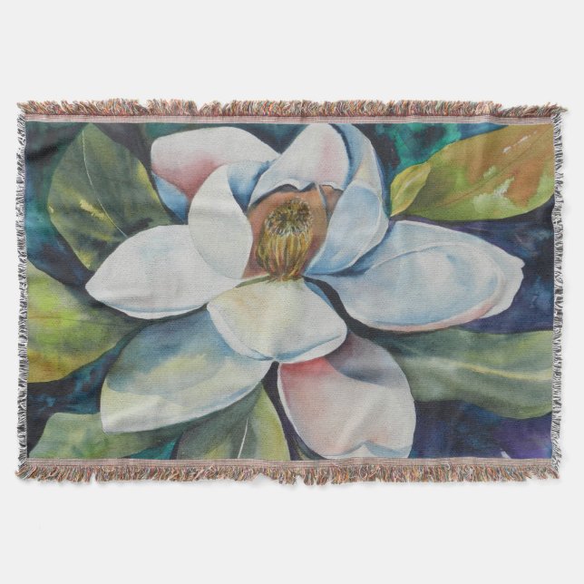 Creamy Magnolia Floral Art Throw Blanket (Front)