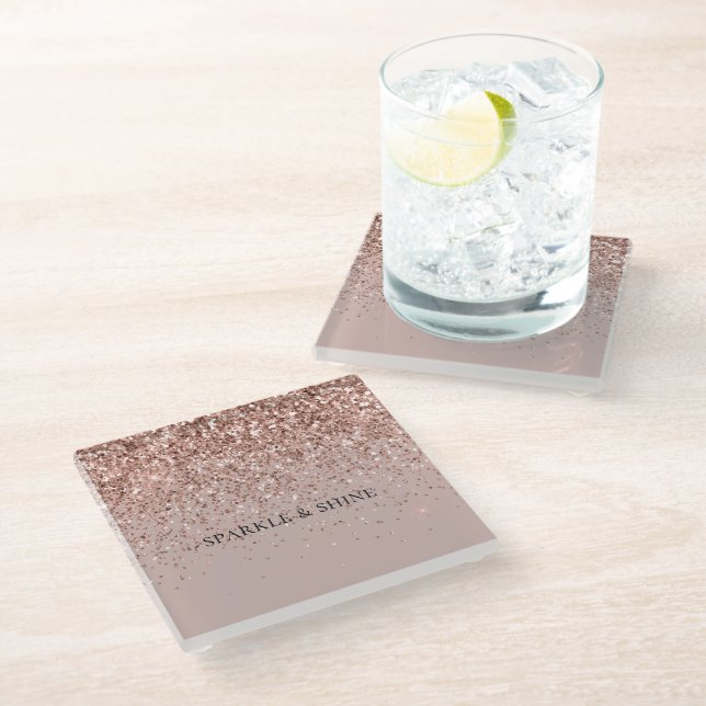Creamy Mauve Rose Gold Glitter Sparkle Glass Coaster (Angled)
