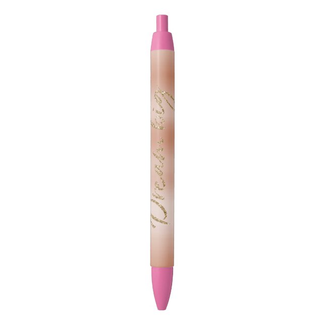 Creamy Peach Rose Blush Gold Dream Glitter Black Ink Pen (Front Vertical)