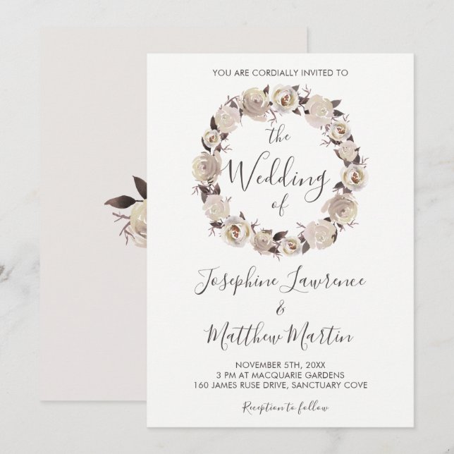 Creamy Rose Wreath Wedding Invitations (Front/Back)
