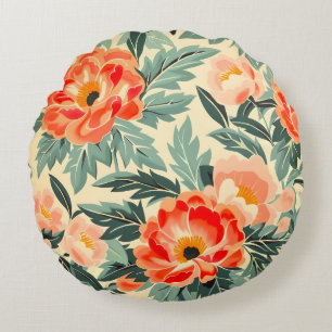 Creamy Vintage Peach Blossom Watercolor Round Pillow