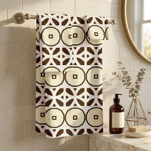 Creamy White and Brown Mosaic Geometric Pattern Bath Towel Set