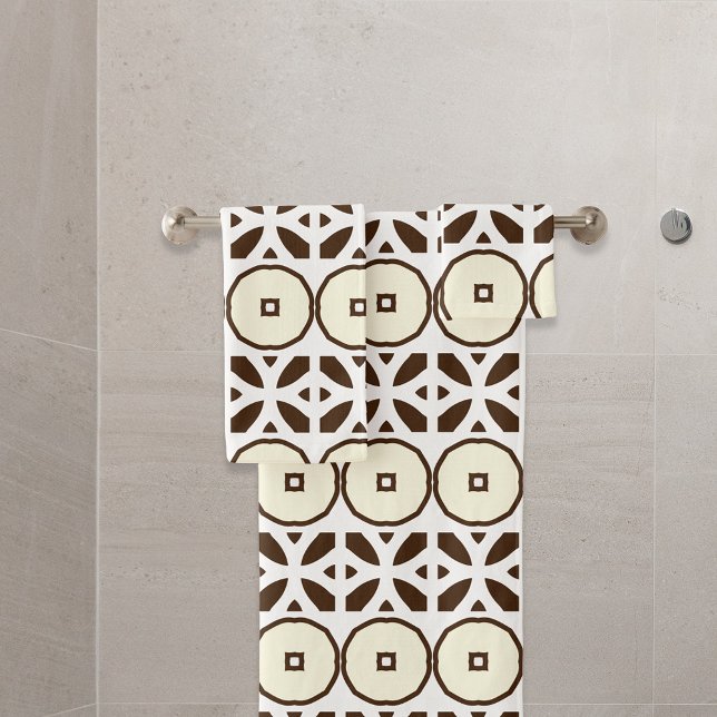 Creamy White and Brown Mosaic Geometric Pattern Bath Towel Set (Creator Uploaded)