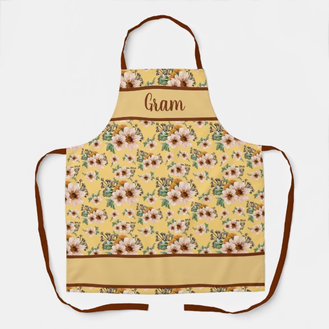 Creamy White and Tan Floral on Yellow   Apron (Front)