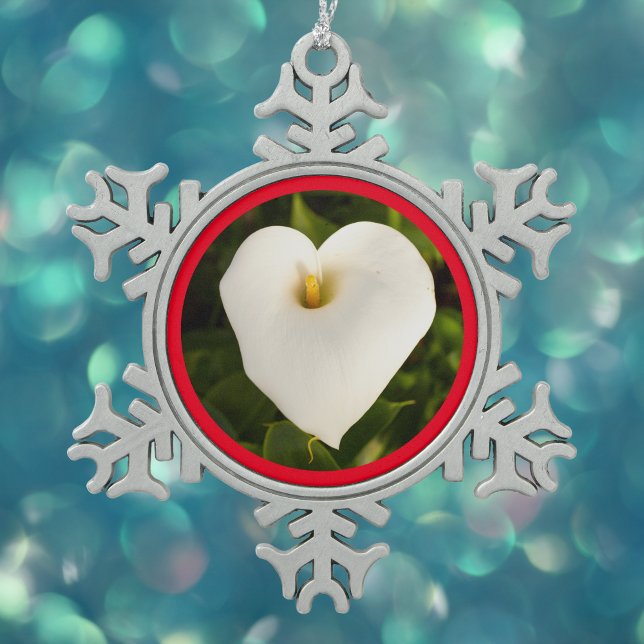 Creamy White Calla Lily with Red Snowflake Pewter Christmas Ornament (Creator Uploaded)