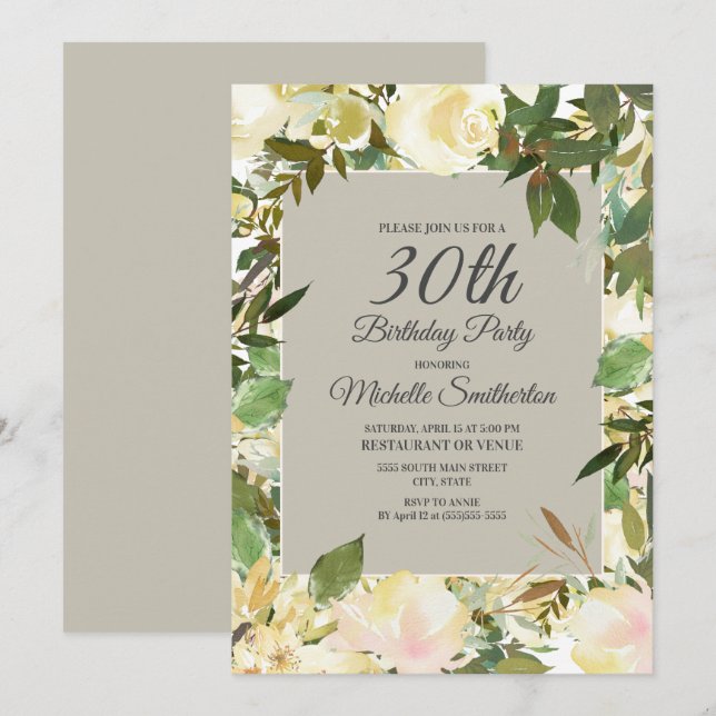 Creamy White Floral Sage Green 30th Birthday Invitation (Front/Back)