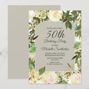 Creamy White Floral Sage Green 50th Birthday Invitation