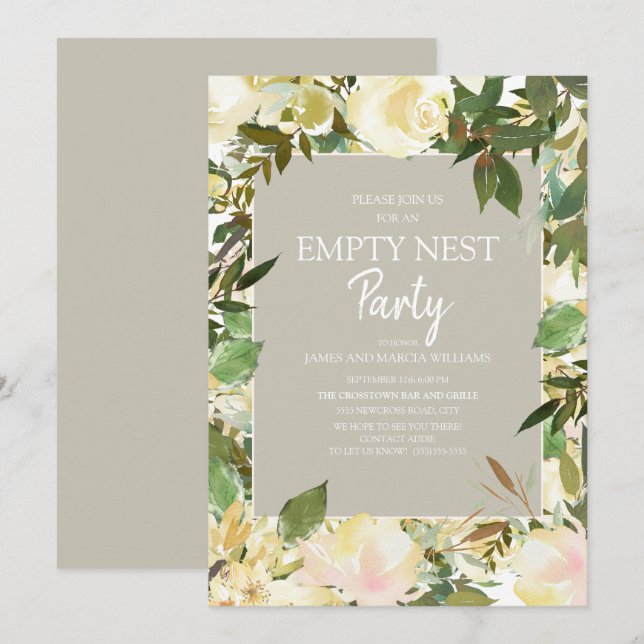 Creamy White Floral Sage Green Empty Nest Party Invitation (Front/Back)