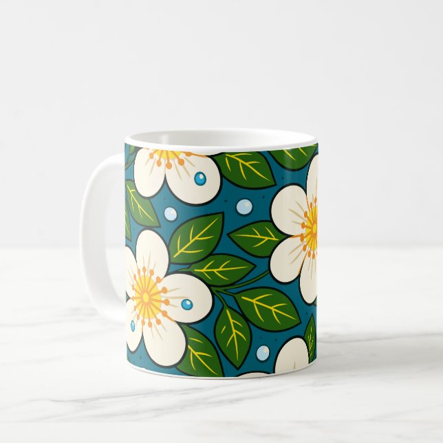 Creamy White Florals Pattern with Green Leaves Coffee Mug (Front Left)