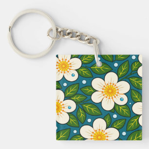Creamy White Florals Pattern with Green Leaves Keychain