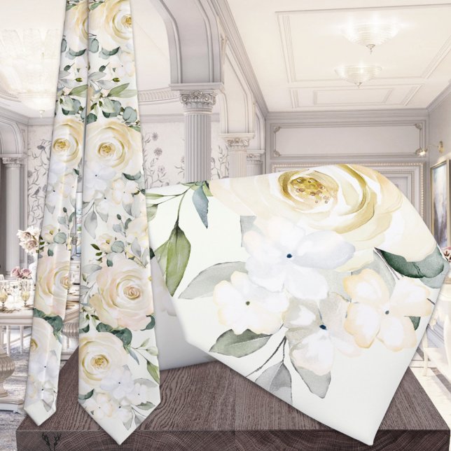 Creamy White Peony Sage Green Eucalyptus Wedding Tie (Creator Uploaded)