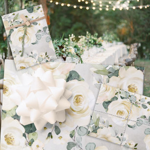 Creamy White Peony & Silver Eucalyptus Greenery Wr Wrapping Paper Sheet