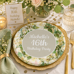 Creamy White Sage Green Floral 16th Birthday Party Paper Plate