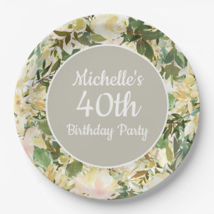 Creamy White Sage Green Floral 40th Birthday Party Paper Plate