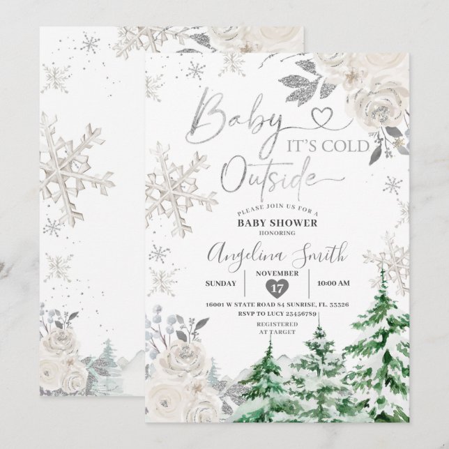 Creamy White Snowflake Floral Forest Baby Shower Invitation (Front/Back)