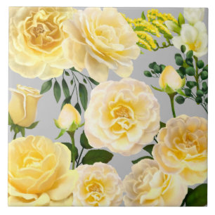 Creamy Yellow Roses Vintage Floral on Grey Tile