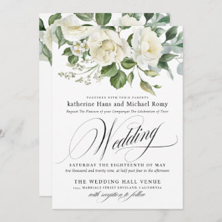 CreamyFloral Eucalyptus Script Calligraphy Wedding Invitation