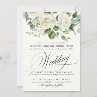 CreamyFloral Eucalyptus Script Calligraphy Wedding Invitation