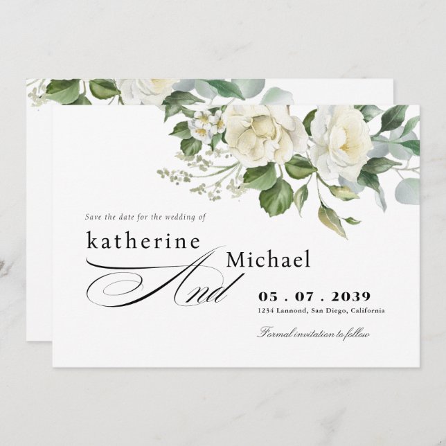 CreamyFloral Eucalyptus Script Calligraphy Wedding Save The Date (Front/Back)