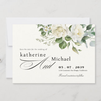 CreamyFloral Eucalyptus Script Calligraphy Wedding Save The Date
