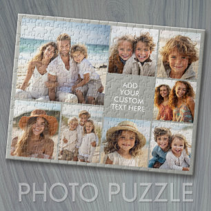 Create a Custom 8 Photo Collage with Grey Text Jigsaw Puzzle