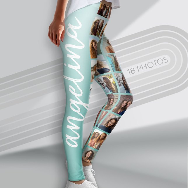Create a Custom Photo Collage with 18 Photos teal Leggings (Custom Photo Leggings with 18 Photos)