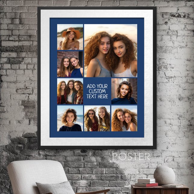 Create a Custom Photo Collage with 8 Photos navy Poster (Photo Collage Wall Art - personalize your own design)