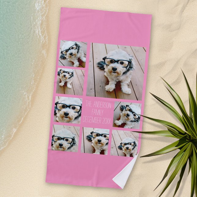 Create a Custom Photo Collage with 8 Photos - pink Beach Towel (Personalized Beach Towel - Photo Collage -- Use Color or Black and White Photos)