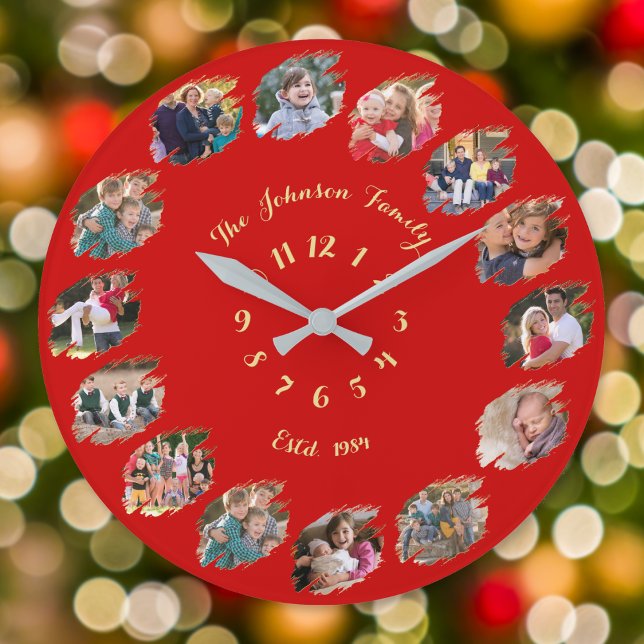 Create Custom Family Photo Collage Christmas Red Large Clock (Create Custom Family Photo Collage Christmas Red Large Clock)