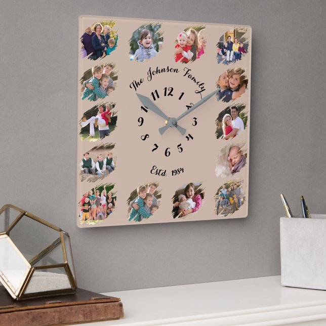 Create Custom Family Photo Collage Coffee Brown Square Wall Clock (Create Custom Family Photo Collage Coffee Brown Square Wall Clock)