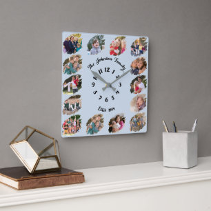 Create Custom Family Photo Collage Cool Dusty Blue Square Wall Clock