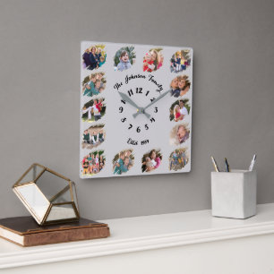 Create Custom Family Photo Collage Light Gray Grey Square Wall Clock