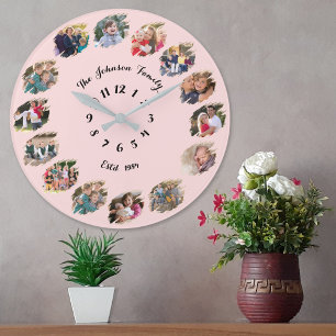 Create Custom Family Photo Collage Pastel Pink Large Clock