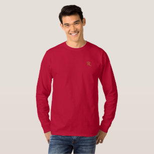 Create Custom Mens Christmas Red Gold Monogram Embroidered Long Sleeve T-Shirt