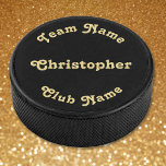 Create Custom Monogrammed Player Team Club Name Hockey Puck<br><div class="desc">Create your own custom, personalized, modern faux gold script / typography monogram monogrammed on black, regulation size and weight, hockey puck. Simply enter the player / team / club / school / college / event / tournament name, to customize. Make a great gift for birthday, fathers day, christmas, holidays, new...</div>