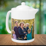 Create Custom Personalized 2 Photo Text Monogram<br><div class="desc">Create your own custom, personalized, 100% white porcelain, dishwasher safe, microwave safe, photo teapot, featuring elegant faux gold typography script, and two photos (one on each side). To personalize, simply add your favourite family / couple / kids / baby / pets / wedding / travel photo to both sides of...</div>