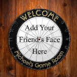 Create Custom Personalized Photo Text Dorm Room Dartboard<br><div class="desc">Create your own custom, personalized, fun, cool, stylish, black colour, faux gold font / typography / script / text, regulation size (18"diameter, 1"h) aluminum frame metal cage dart board. Comes with 6 brass darts (3 American flag dart flights and 3 UK dart flights). You may mount it anywhere – above...</div>